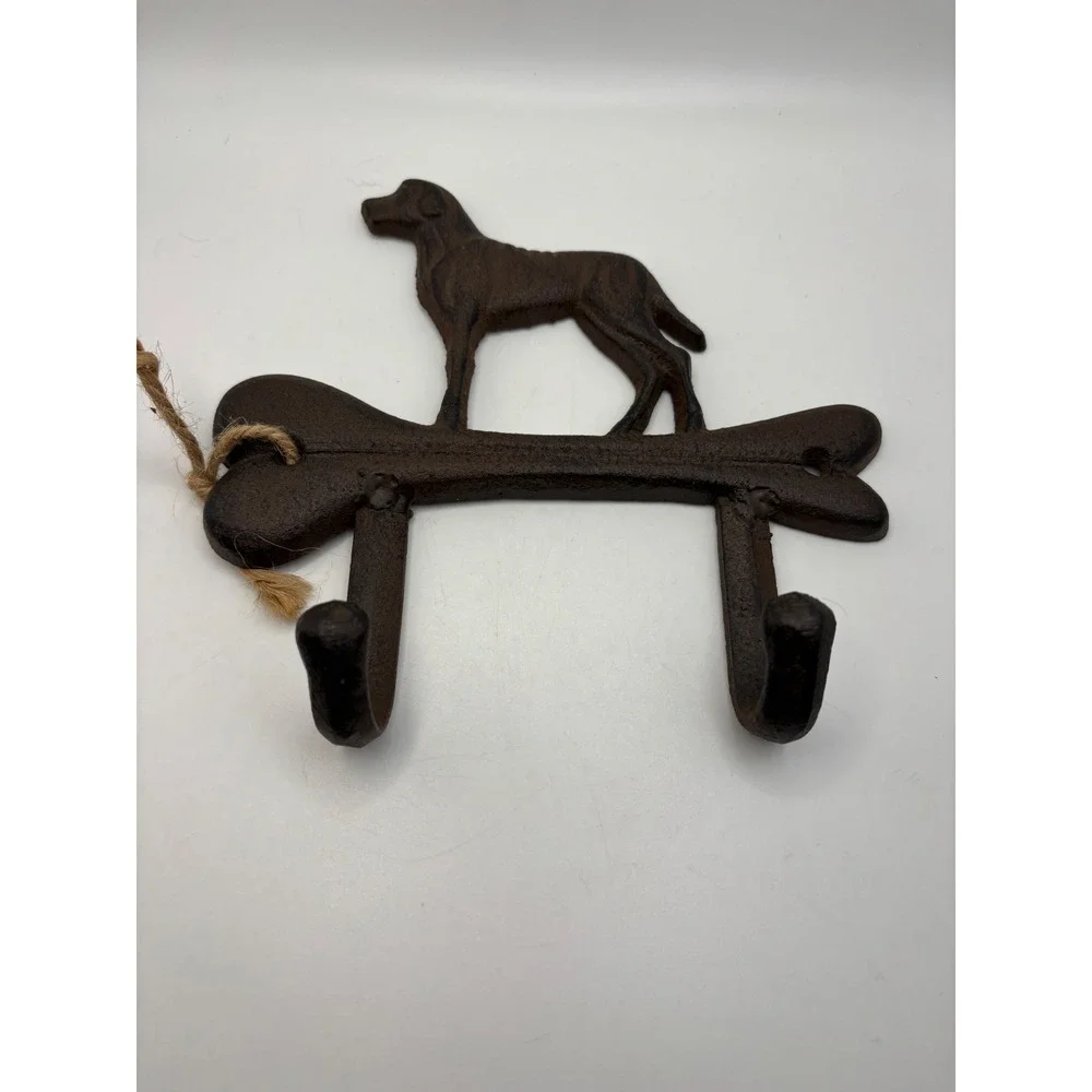 Cast Iron Dog on Bone Wall Hook Rack Rustic Brown Leash Key Holder 2 Hooks